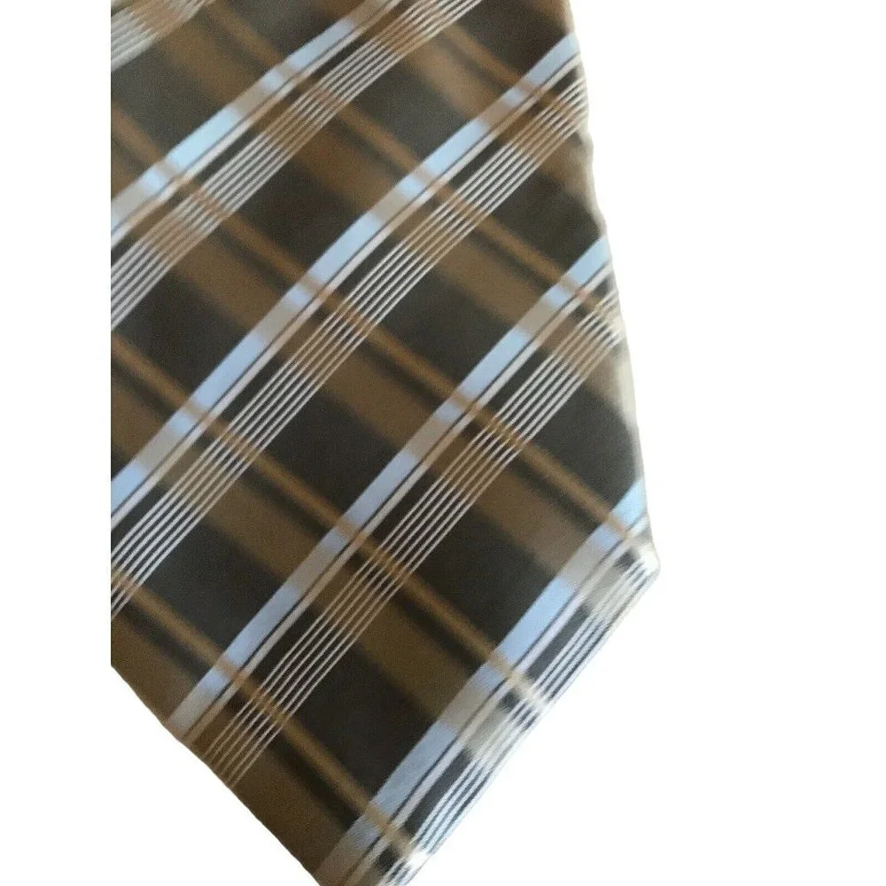 Calvin Klein Neutral Tan Taupe Blue Plaid‎ 100% Silk Tie 3.25” Necktie